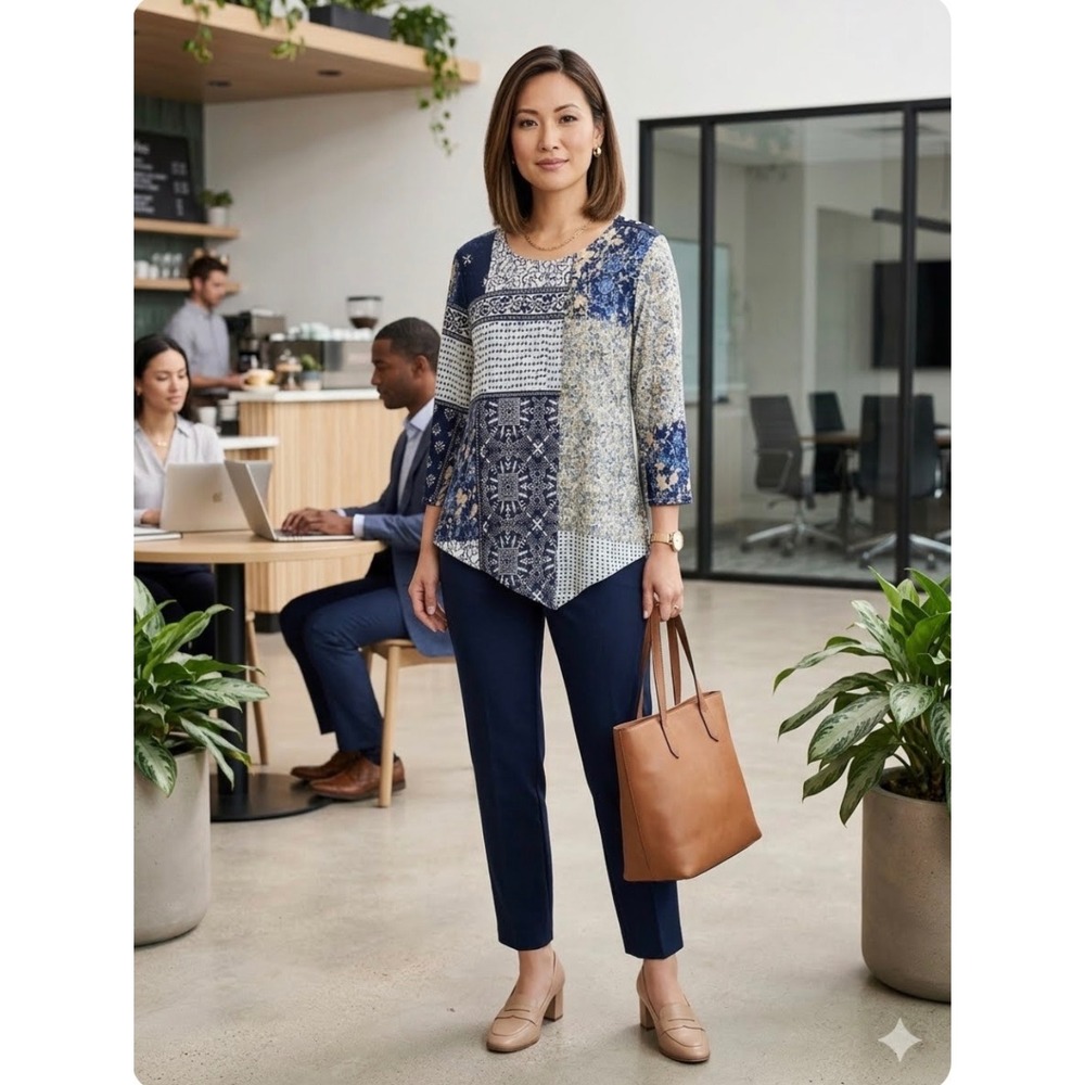 Zac & Rachel Navy Patchwork Womens M Sharkbite Hem Bell Sleeve Boho Top Office